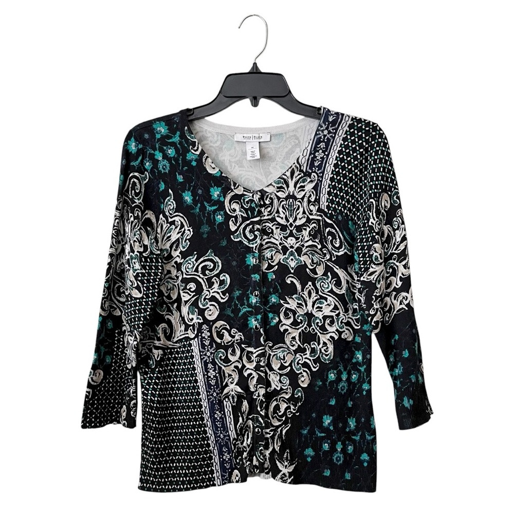White House Black Market Paisley Cardigan Women's Size M Black 3/4 Sleeve Snap